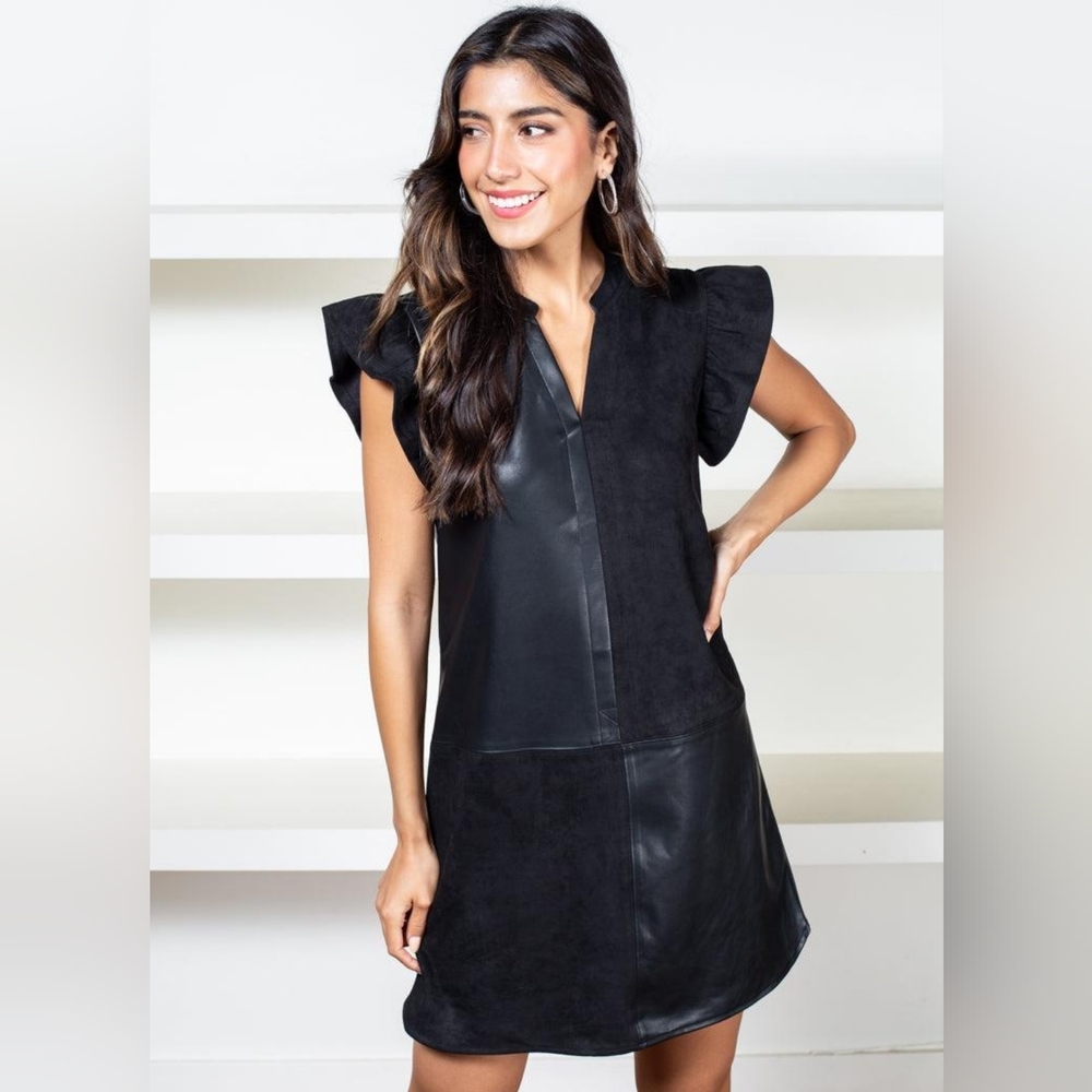 THML Black Patchwork Faux Leather & Suede Midi Dress